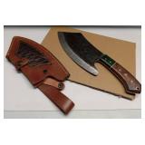 APPEARS NEW - Handmade Damascus Steel Full Tang Cleaver Knife - Butcher Knife - Meat Cleaver Knife - Bushcraft Knife - Fixed Blade Knife with Ergonomic Handle & Real Leather Sheath
