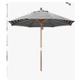 9ft Round Wood Patio Market Umbrella, Black White Striped, Outdoor Table Umbrella with Pulley Lift, 8 Ribs Polyester Fabric, Sun Umbrella for Garden Deck Pool Backyard - Retail: $233