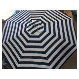 9ft Round Wood Patio Market Umbrella, Black White Striped, Outdoor Table Umbrella with Pulley Lift, 8 Ribs Polyester Fabric, Sun Umbrella for Garden Deck Pool Backyard - Retail: $233