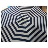 9ft Round Wood Patio Market Umbrella, Black White Striped, Outdoor Table Umbrella with Pulley Lift, 8 Ribs Polyester Fabric, Sun Umbrella for Garden Deck Pool Backyard - Retail: $233