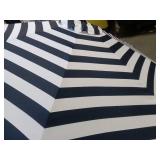 9ft Round Wood Patio Market Umbrella, Black White Striped, Outdoor Table Umbrella with Pulley Lift, 8 Ribs Polyester Fabric, Sun Umbrella for Garden Deck Pool Backyard - Retail: $233