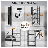 Himix Storage Shelves with 20 Hooks, 5-Tier Collapsible Organization Storage Rack Bookshelf Folding Pantry Shelves Cube Shelf Wire Shelving Holds 440 Ibs for Garage Kitchen Room, Black