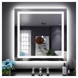 Retails for $163! LOAAO 32x32 Inch LED Bathroom Mirror with Lights, Anti-Fog Dimmable Backlit + Front Lighting, Lighted Bathroom Vanity Mirror for Wall, Memory Function, Glass