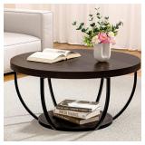 Round Coffee Table, 31" Coffee Table for Living Room Decor, 2-Tier Storage with Steel Frame, Space-Saving Wood Center Table, Modern Style Easy Assembly (Dark Coffee)