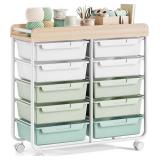 Rolling Storage Cart with 10 Large Drawers, Utility Cart with Wooden TableTop for Craft Organizers, Art Supply Storage, Home Office Organization, Cart with Wheels for Classroom, School, Green