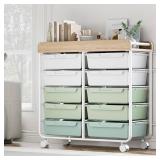 Rolling Storage Cart with 10 Large Drawers, Utility Cart with Wooden TableTop for Craft Organizers, Art Supply Storage, Home Office Organization, Cart with Wheels for Classroom, School, Green