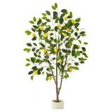 Artificial Lemon Tree, 5ft Tall Fake Lemon Silk Plant with White Planter, Faux Lemon Plastic Fruit Tree for Indoor Home Decor Office Garden