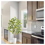 Artificial Lemon Tree, 5ft Tall Fake Lemon Silk Plant with White Planter, Faux Lemon Plastic Fruit Tree for Indoor Home Decor Office Garden