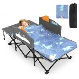 Slendor Kids Cot, Toddler Cot Bed w/Cartoon Handrail, Blanket (5ft x 4ft), Portable Toddler Cots for Sleeping, Kids Travel Bed, Extra Long Cot Length 56", Support 330 Lbs, Grey