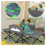 Slendor Kids Cot, Toddler Cot Bed w/Cartoon Handrail, Blanket (5ft x 4ft), Portable Toddler Cots for Sleeping, Kids Travel Bed, Extra Long Cot Length 56", Support 330 Lbs, Grey