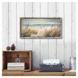 Retails for $170! Beach Ocean Painting Wall Art: Framed Coastal Picture Wooden Sea Bird Print Seaside Sand Seascape Artwork Decor for Living Room Bedroom Bathroom 24x12 inch