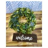 Artificial Eucalyptus Wreath with Welcome Sign 18 Inch Front Door Greenery Wreath for Spring, Summer, Fall, All Seasons Large Size Polytype Leaves Wreath for Farmhouse Garden D cor