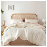 JANZAA King Comforter Set Creamy White Ruffle Comforter with 2 Pillowcase Soft King Size Bed Set Vintage Farmhouse Bed Comforter Set Fluffy Shabby Chic Bedding for All Season