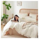 JANZAA King Comforter Set Creamy White Ruffle Comforter with 2 Pillowcase Soft King Size Bed Set Vintage Farmhouse Bed Comforter Set Fluffy Shabby Chic Bedding for All Season