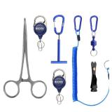 Booms Fishing FF3 7 PCS Fly Fishing Tools Kit, Fishing Knot Tool and Line Clipper Retractor, Magnetic Net Release with Lanyard, Fly Fishing Tippet Spool Holder, Hook Remover Forceps, Blue Set - Retail