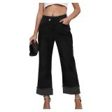 Wide Leg Cropped Jeans for Women Trendy High Waisted Crossover Boyfriend Jeans Mom Baggy Stretchy Denim (Black, S) - Retail: $37