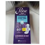 Poise Overnight Ultra Thin Incontinence & Postpartum Pads with Wings for Bladder Leaks, 8 Drop Extra Absorbent, Long Length, 20 Count - Retail: $15