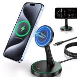 Magnetic Wireless Charger Stand 15W Fast Mag-Safe Charger for iPhone 17/17 pro/ 17 Air/ 17 pro max 16/15/14/13/12 Series Magnet Wireless Charging Station/Pad with Sleep-Friendly Light for AirPods - Re