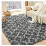 4x6 Geometric Shag Area Rug for Bedroom, Dark Grey and White High Pile Ultra Soft Plush Shaggy Furry Bedside Playroom Dorm Carpet, Non-Slip, Non-Shedding Indoor Floor Rug