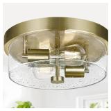 Flush Mount Ceiling Light Fixtures, 2-Light Brass Ceiling Mount for Farmhouse with Seeded Glass Lampshade, Industrial Hall Flush Mount Light Fixture for Hallway, Kitchen, Entryway, Bedroom and Foyer -