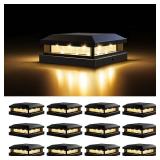 Solar Post Cap Lights Outdoor 12 Packs for 4x4 4.5x4.5 5x5 Vinyl/Wooden Posts, Waterproof Solar Powered Fence Post Light with Warm/Cool Lighting, Black 16LEDs Deck Cap Light for Garden, Patio, Porch -