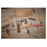 Vtg. Cork Screws & More in Wood Cheese Box