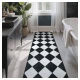Beeiva Checkered Print Black Bathroom Runner Rug 2x6, Washable Ultra Thin Non Slip Laundry Room Rug Moroccan Stain Resistant Kitchen Runner, Modern Trellis Carpet for Hallway Bedroom Entryway Decor