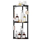 SWTYMIKI Corner Shower Caddy Standing - 3 Tier Stainless Steel Shower Organizer Stand, Large Capacity Floor Shelf with 4 Hooks, Rustproof Bathroom Storage Rack, Black