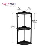 SWTYMIKI Corner Shower Caddy Standing - 3 Tier Stainless Steel Shower Organizer Stand, Large Capacity Floor Shelf with 4 Hooks, Rustproof Bathroom Storage Rack, Black