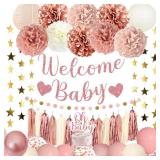 Amandir Dusty Pink Girl Baby Shower Decorations Welcome Baby Banner, Cake Topper, Paper Lanterns, Gold Balloons Pom Poms Flowers Tassels, Circle Dots Star Garland Gender Reveal Birthday Party Supplies