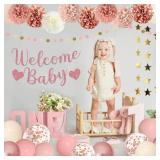 Amandir Dusty Pink Girl Baby Shower Decorations Welcome Baby Banner, Cake Topper, Paper Lanterns, Gold Balloons Pom Poms Flowers Tassels, Circle Dots Star Garland Gender Reveal Birthday Party Supplies
