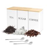 DIBALIYI 3 Pcs Tea Coffee Sugar Canisters, Black Metal Canister Storage Jar Container Set, Food Storage With 3 Spoons, Rust Resistant Powder Coated Iron Caddies for Kitchen Worktop Organizer (White)