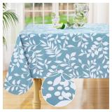 misaya Rectangle Waterproof Vinyl Table Cloth, Wipeable Tablecloth with Flannel Backing, Plastic Table Cover for Dinner, Picnic, Indoor and Outdoor (Blue Leaves, 60 x 84)