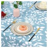 misaya Rectangle Waterproof Vinyl Table Cloth, Wipeable Tablecloth with Flannel Backing, Plastic Table Cover for Dinner, Picnic, Indoor and Outdoor (Blue Leaves, 60 x 84)