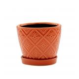 Napco Stamped Crusade Design Burnt Orange 4.25 x 4.75 Ceramic Planter Pot with Saucer