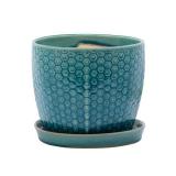 Napco Imports Prism Honeycomb Design Ceramic 5.75 x 6 Inch Teal Blue Indoor Standing Planter Pot with Drain Hole and Attached Saucer