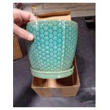Napco Imports Prism Honeycomb Design Ceramic 5.75 x 6 Inch Teal Blue Indoor Standing Planter Pot with Drain Hole and Attached Saucer