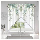 AYTTBIS Green Eucalyptus Swag Curtain Valance for Windows,Watercolor Leaves Window Treatments Short Swag Topper for Kitchen Windows Bathroom Bedroom,28 x 36 Inch, 1 Pair