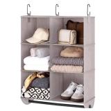 StorageWorks Hanging Closet Organizer with Metal Rod, 6-Section Closet Organizers and Storage, Collapsible Hanging Shelves for Wardrobe Organizer, Nursery, Bedroom, Light Khaki