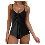 RXRXCOCO Women Tankini Push Up Tummy Control Swimsuit Knot Front Bathing Suit Black X-Large