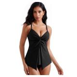 RXRXCOCO Women Tankini Push Up Tummy Control Swimsuit Knot Front Bathing Suit Black X-Large