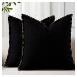 decorUhome Decorative Outdoor Throw Pillow Covers 24x24 Set of 2, Square Linen Rustic Neutral Farmhouse Euro Pillow Covers with Stitched Edge for Couch, Sofa, Living Room, Black