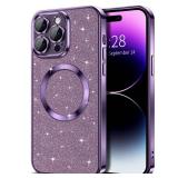 Hython for iPhone 14 Pro Case Glitter, Clear Magnetic Phone Cases with Camera Lens Protector [Compatible with MagSafe] Bling Sparkle Plating Soft TPU Shockproof Protective Cover Women Girls-Purple