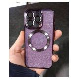 Hython for iPhone 14 Pro Case Glitter, Clear Magnetic Phone Cases with Camera Lens Protector [Compatible with MagSafe] Bling Sparkle Plating Soft TPU Shockproof Protective Cover Women Girls-Purple