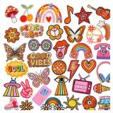 AUGSUN 36pcs Hippie Embroidered Patches Random Assorted Styles Hippie Theme Iron on Patches for Girls, Wonmen DIY Sew Applique Repair Patch Cute Sew on Patches for Backpacks Pants Clothes Jeans