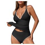 ZAFUL Black Tankini Tops for Women V Neck Push Up Swim Top Color Block Tummy Control High Waisted Swim Bottom Cheeky Bathing Suits for Women (Black L)