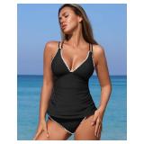 ZAFUL Black Tankini Tops for Women V Neck Push Up Swim Top Color Block Tummy Control High Waisted Swim Bottom Cheeky Bathing Suits for Women (Black L)