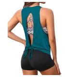 Aqua Eve 3 Piece Tankini Swimsuit for Women Tank Bathing Suit with Shorts Open Back Athletic Swimwear Blue M