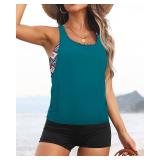 Aqua Eve 3 Piece Tankini Swimsuit for Women Tank Bathing Suit with Shorts Open Back Athletic Swimwear Blue M