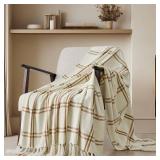 EVERGRACE Plaid Chenille Throw Blanket for Couch, Super Soft Cozy Decorative Windowpane Grid Plaid Throw with Tassels, Lightweight Chenille Knit Throw for Bed Sofa Gift, Cream & Beige 50x60